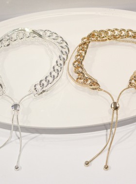 2026新款双层几何圆形白贝母吊坠颈链项链女金属粗铝链项饰