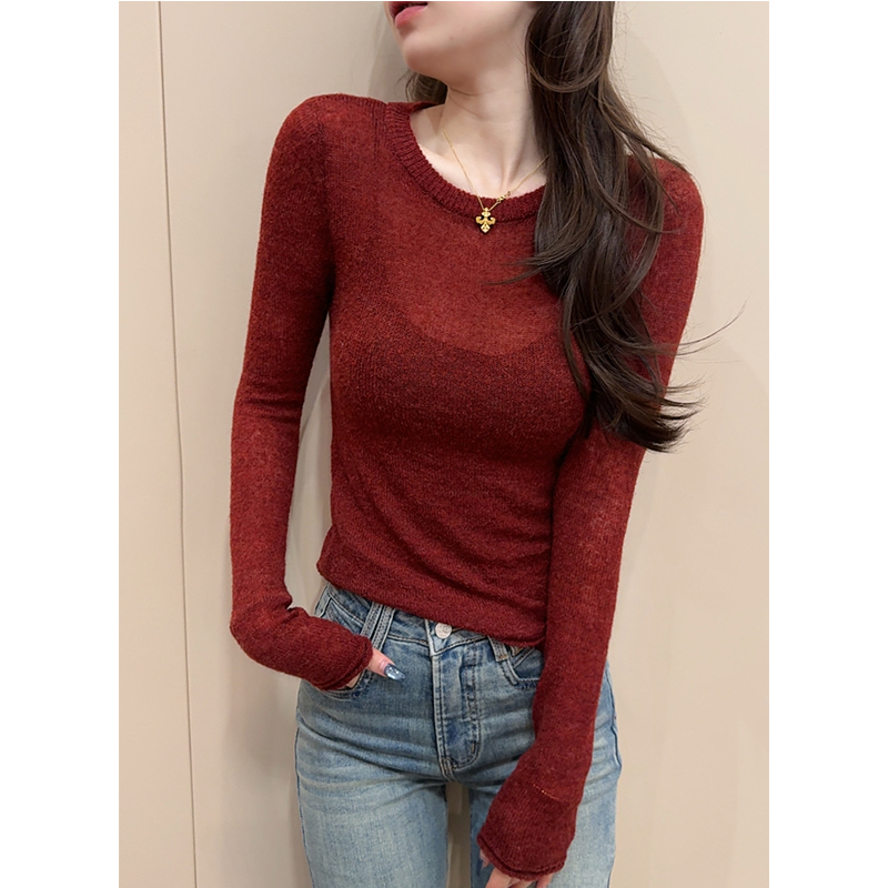 2025秋冬修身显身材微透高级感长袖打底针织衫女暗红色马海毛毛衣