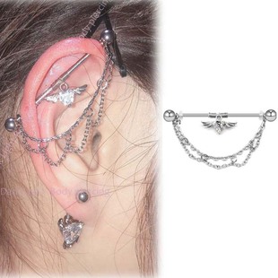 不锈钢耳桥爱心锆石翅膀工业耳钉industrial piercing 甜酷