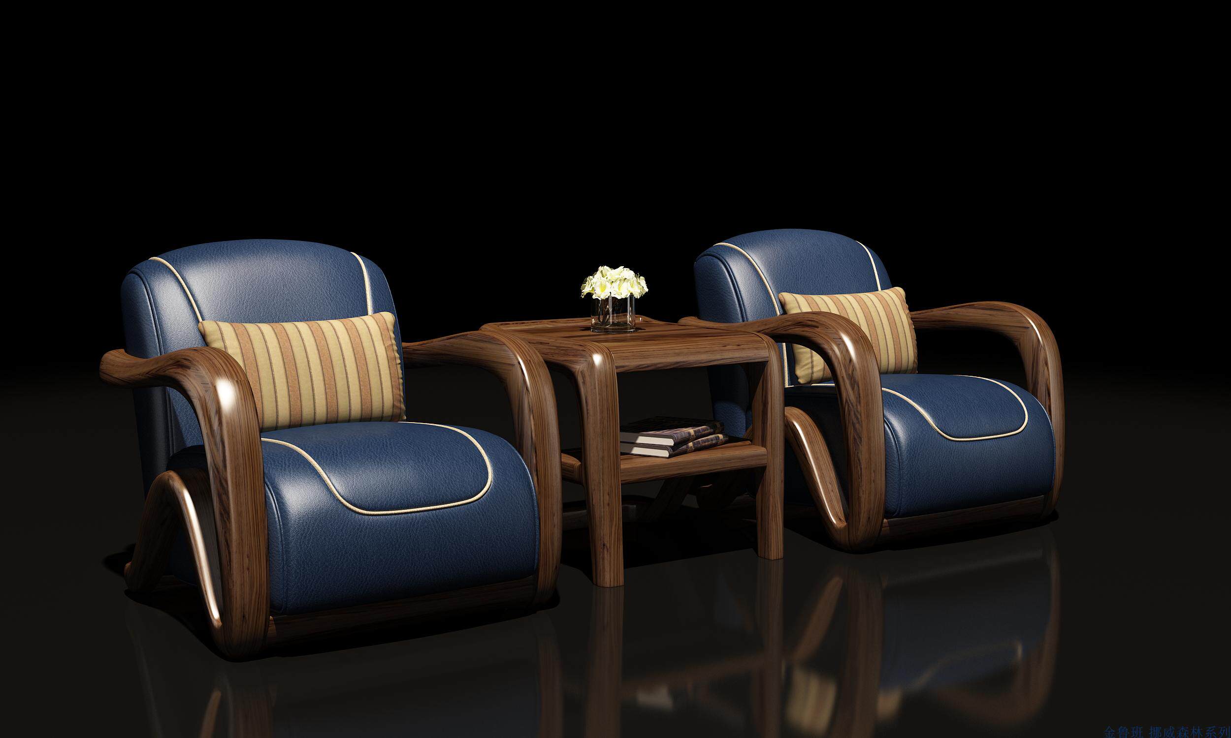 金鲁班挪威森林系列黄金檀全实木真皮沙发茶几三件套