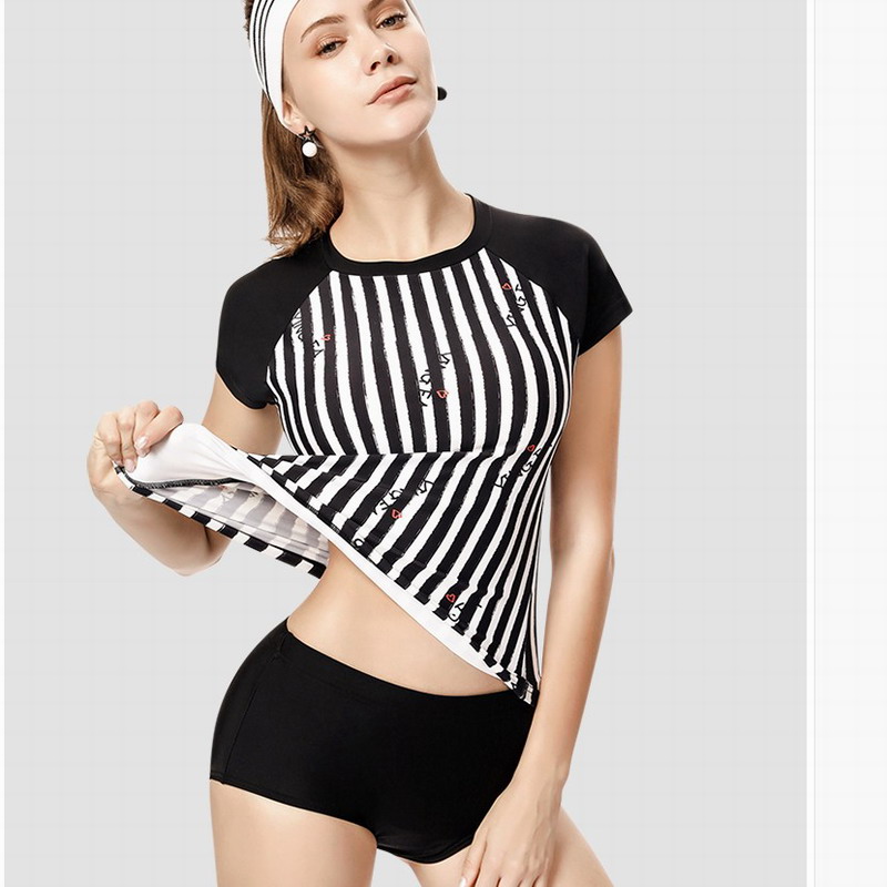 品牌正品英发温泉短袖黑白条纹后拉链游泳衣女保守分体三角YF803