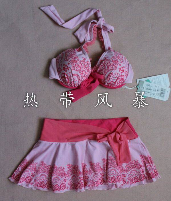 品牌正品号手温泉游泳衣女钢托小胸聚拢比基尼分体裙式12322粉黄