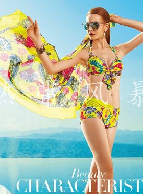 正品号手温泉民族风游泳衣女小胸聚拢钢托比基尼平角纱裙161302