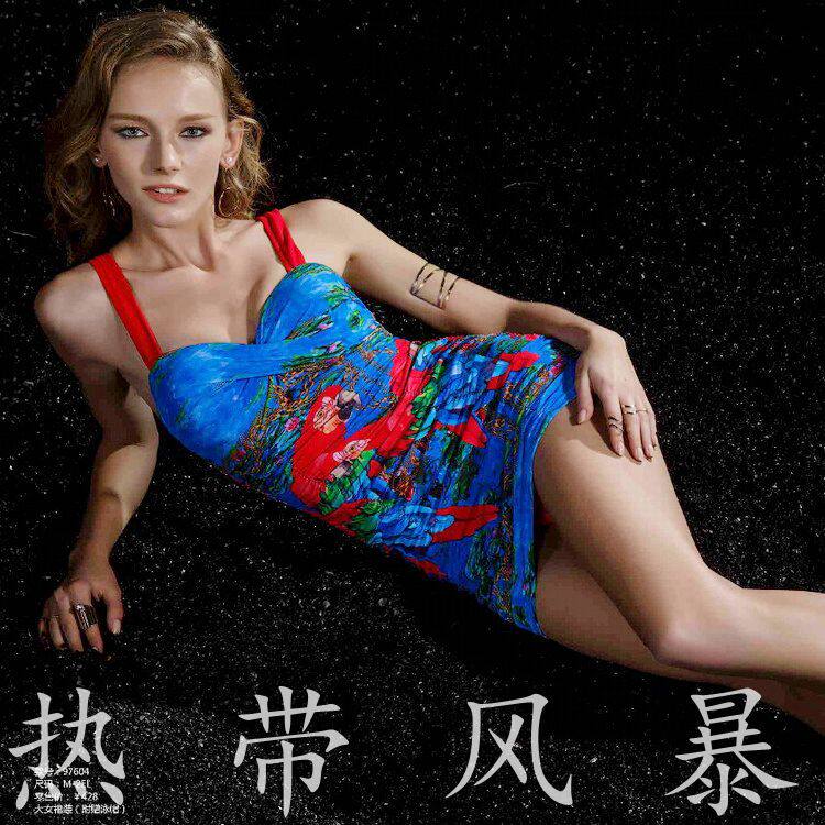 特清华黛思温泉大码游泳衣女胸聚拢钢托显瘦褶皱连体裙97604红蓝