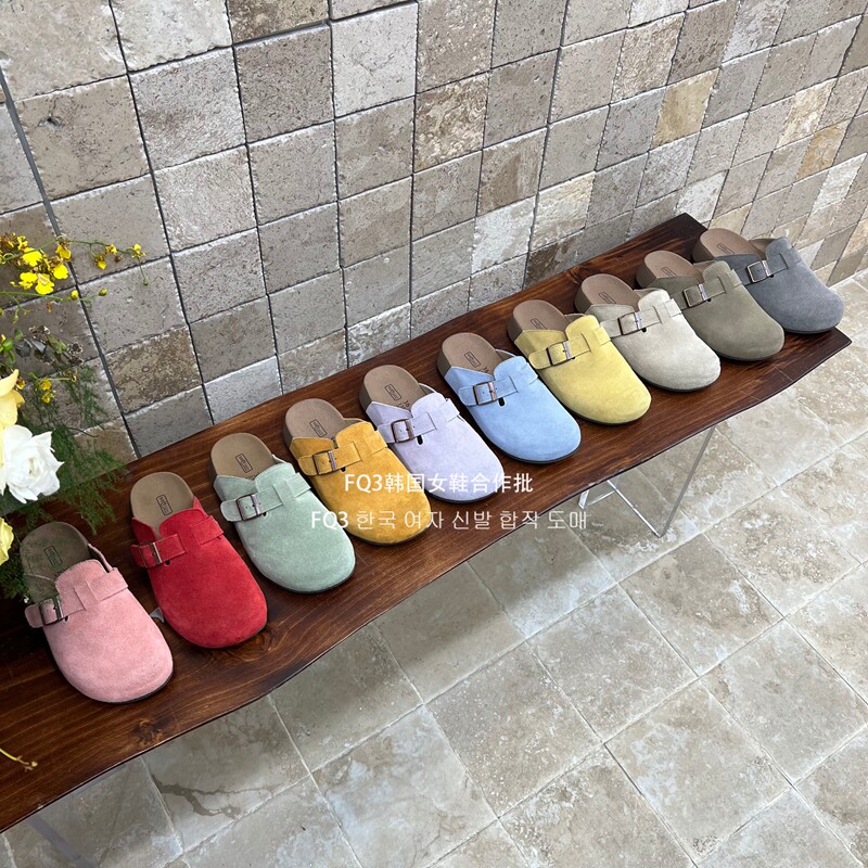 FQ3实拍BEILIXUAN磨砂真皮圆头博肯拖鞋女2026糖果色包头厚底半拖