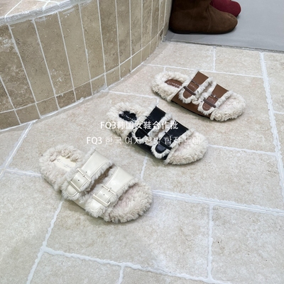 FQ3 实拍THE BULAGE秋冬新款羊羔毛一字带露趾毛毛鞋女防滑毛绒拖