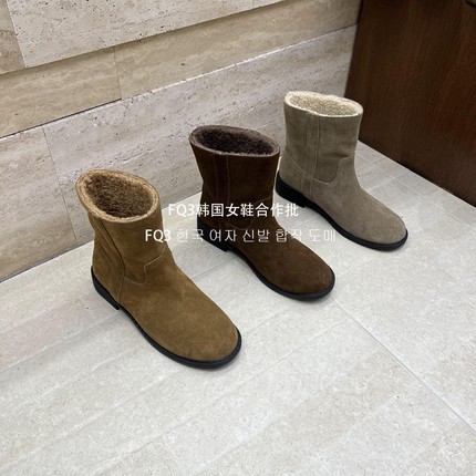FQ3 实拍MAN DA GUO皮毛一体短靴女秋冬保暖羊羔毛加绒粗跟瘦瘦靴