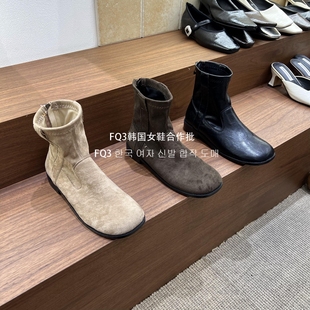 FQ3 实拍BULVJI圆头粗跟后拉链短靴女外穿时尚烟筒靴反绒方头靴女