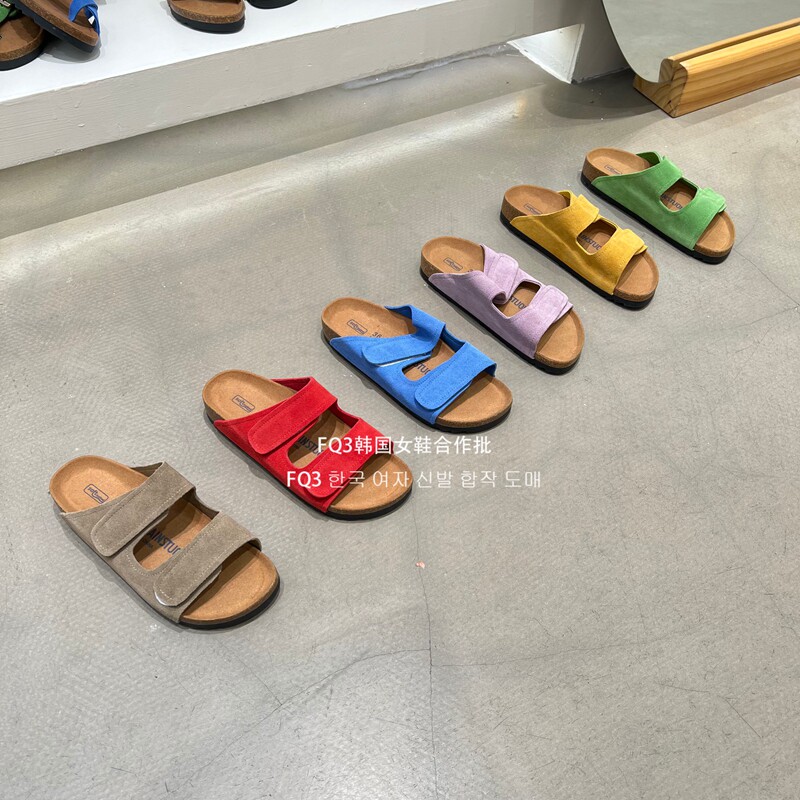 FQ3 实拍THE DOUDOU魔术贴磨砂真皮露趾拖鞋一字防滑反绒凉拖夏季