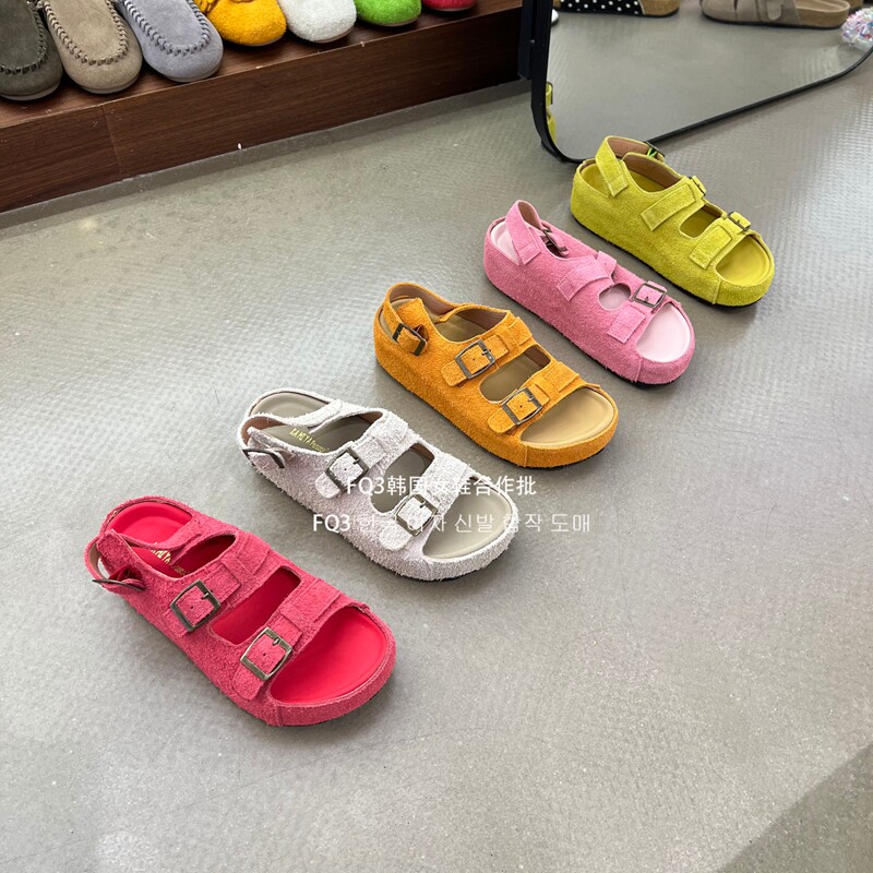 FQ3实拍 KAMIYA圆头皮带扣磨砂皮厚底凉拖鞋女夏糖果色夏沙滩凉拖