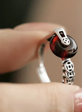 复古国风新中式时来运转血珀平安扣铜钱戒指女百搭小众设计开口戒