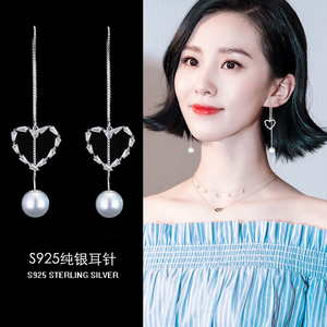耳环韩国气质长款吊坠女简约珍珠耳坠个性百搭爱心耳饰品纯银耳钉