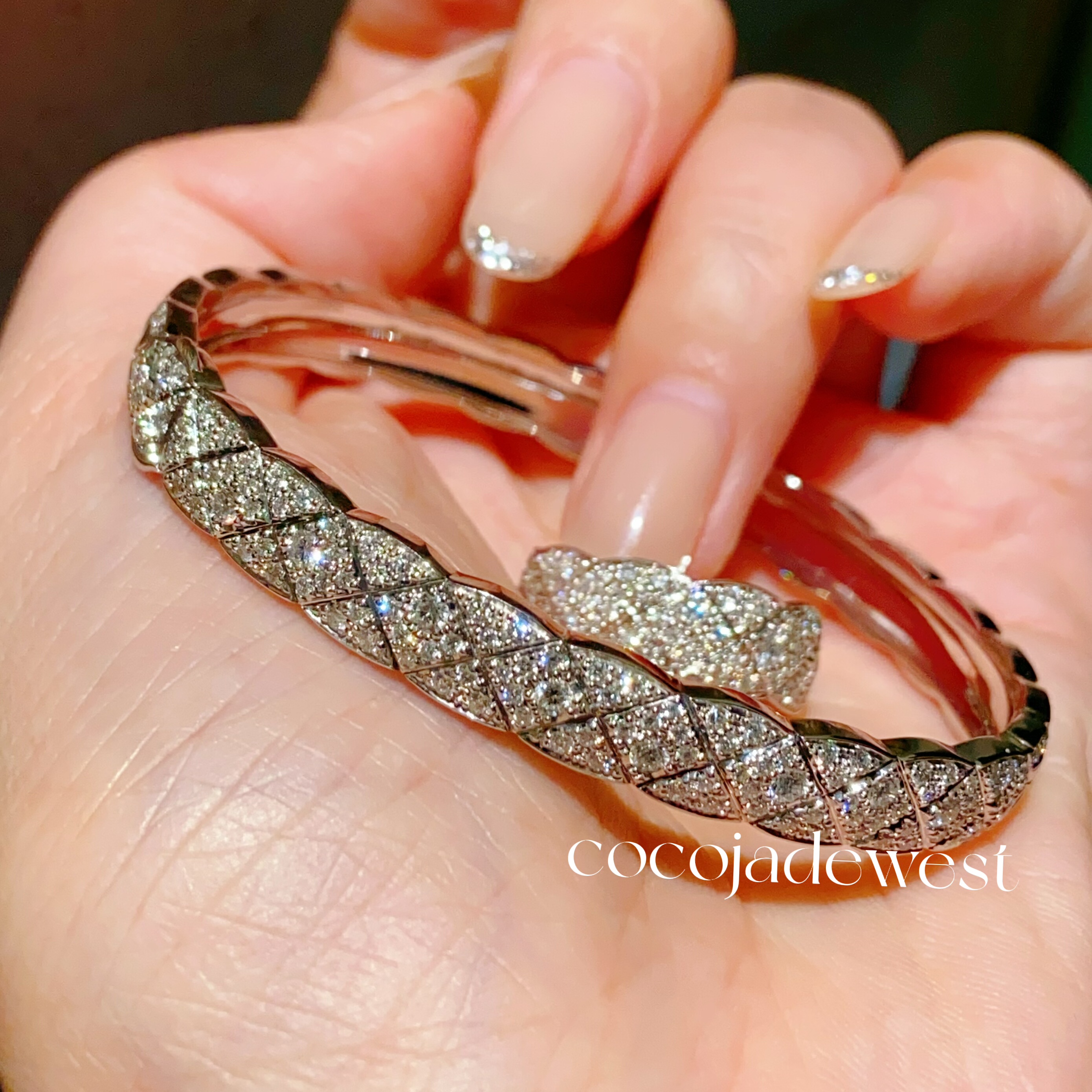 18K金天然钻石菱格纹手镯菱格coco满钻手镯戒指小香手镯小香戒指