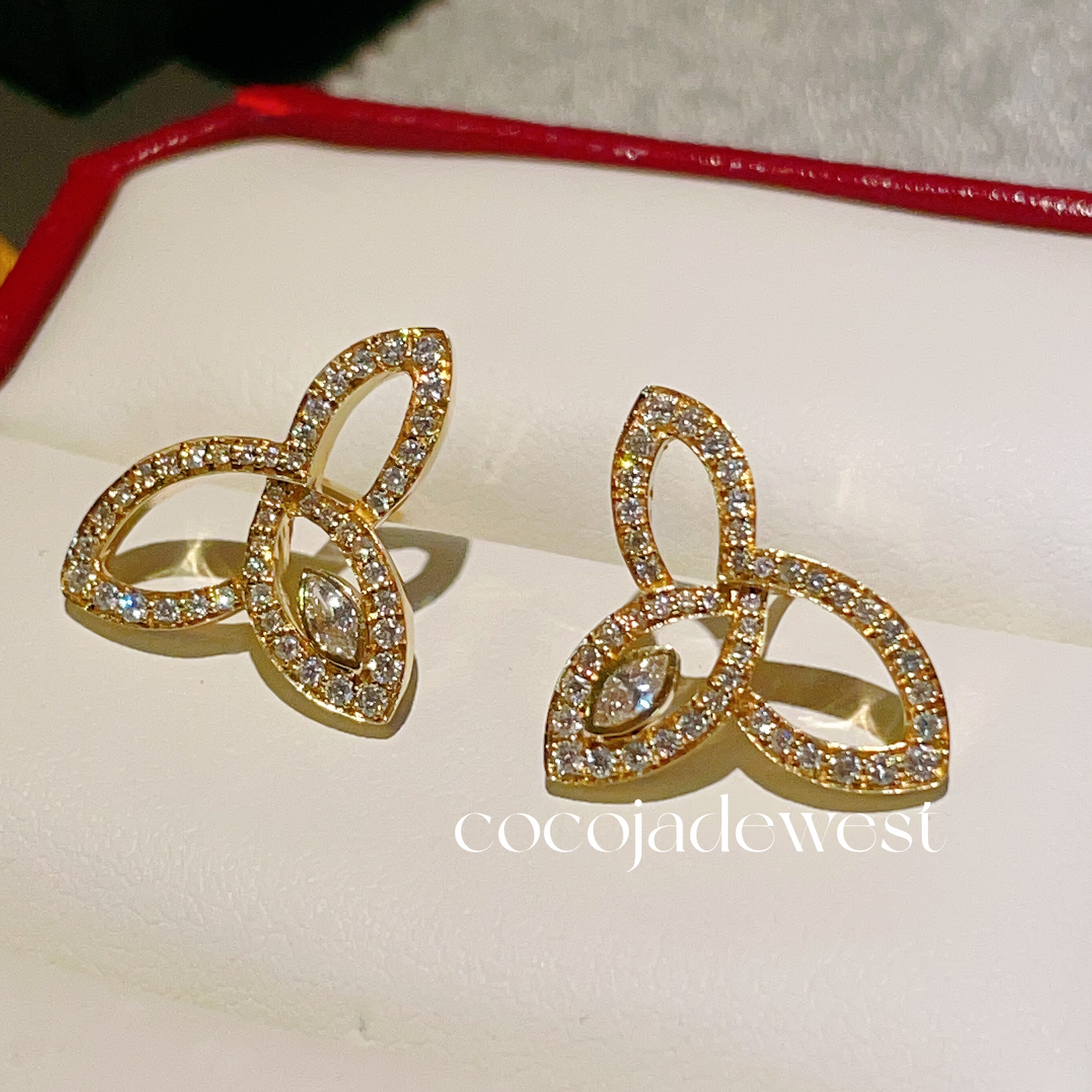 18k金天然钻石三叶草耳钉女玫瑰金白金耳环lily耳钉
