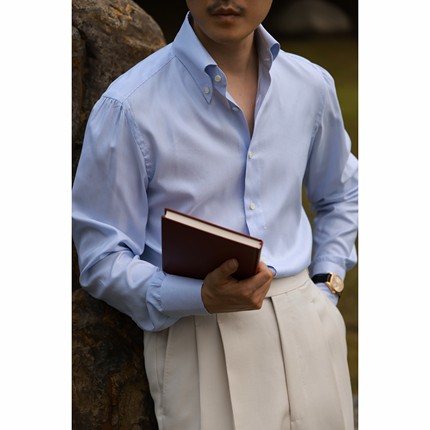 UGENTLE 桑蚕丝「月光蓝条纹」Button-down领  绅士 手工七步衬衫