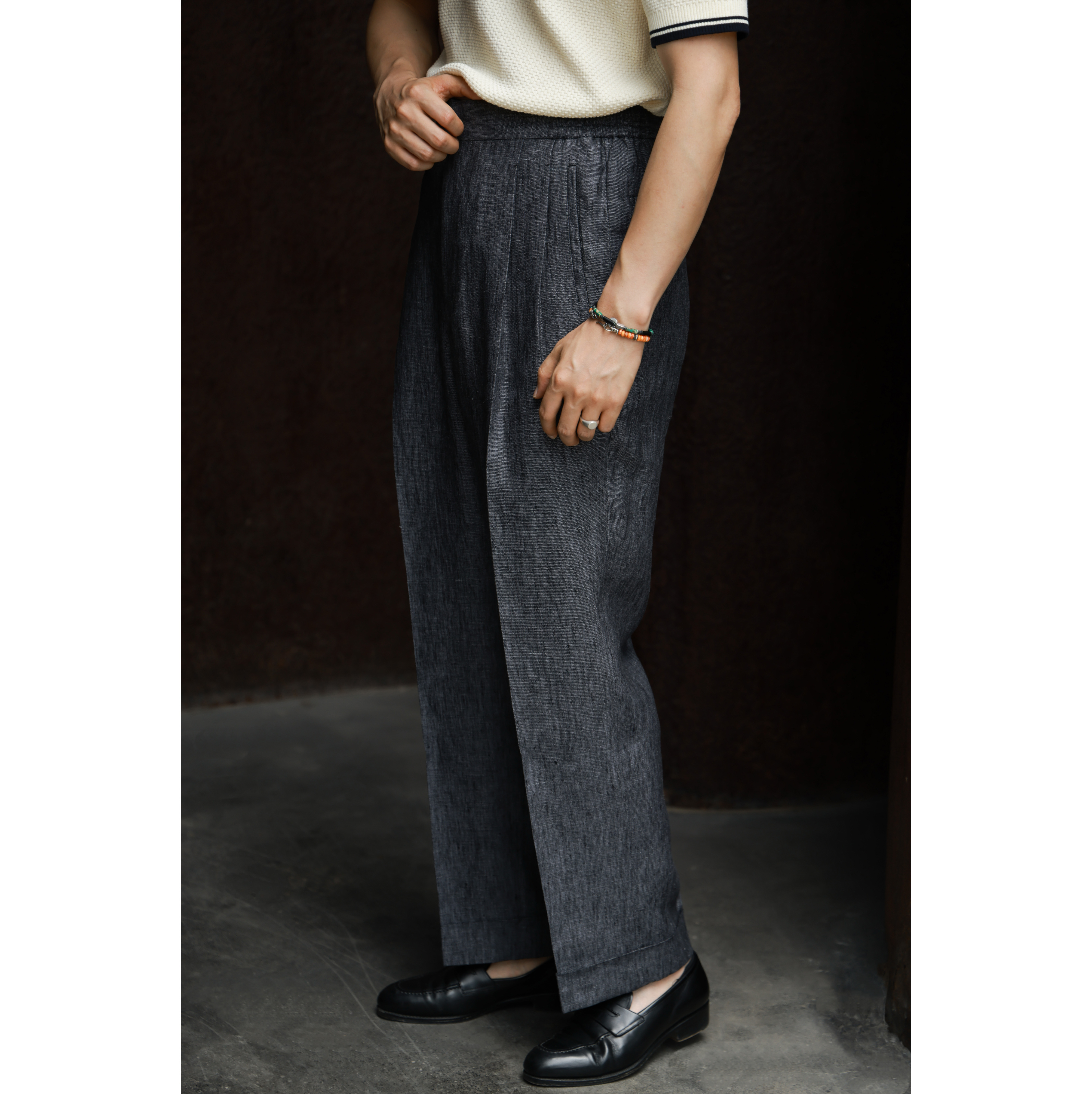 UGENTLE高腰直筒裤抽绳亚麻长裤