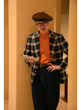 UG男装 全麻衬 英国MOON粗花呢「花呢圣诞绿格」单排扣布雷泽单西