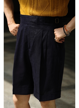 UGENTLE男装品牌「墨海幽蓝」Gurkha 廓尔格复古高腰水洗亚麻短裤