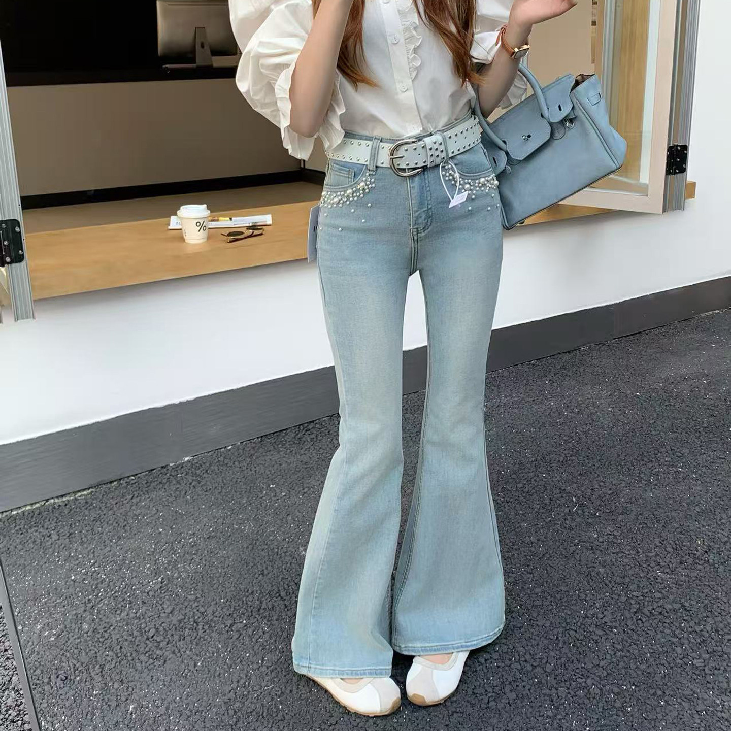 美式口袋钉珠设计喇叭裤女2026年春季新款弹力时尚百搭微喇牛仔裤,女装/女士精品,牛仔裤,淘宝优惠券,粉丝福利购,淘宝优惠卷