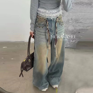 美式复古怀旧高腰阔腿裤配腰带女秋季新款宽松显瘦刺绣拖地牛仔裤