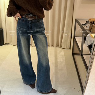 复古刺绣设计直筒阔腿裤女2025冬季新款加绒加厚拖地牛仔裤配腰带