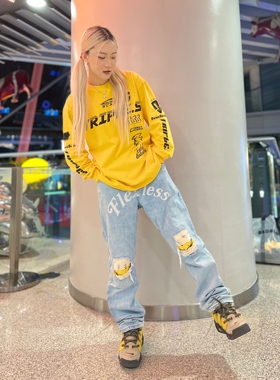 Triple.S吹爆S潮酷街头黄色机车长袖T恤复古球衣街舞个性swag风