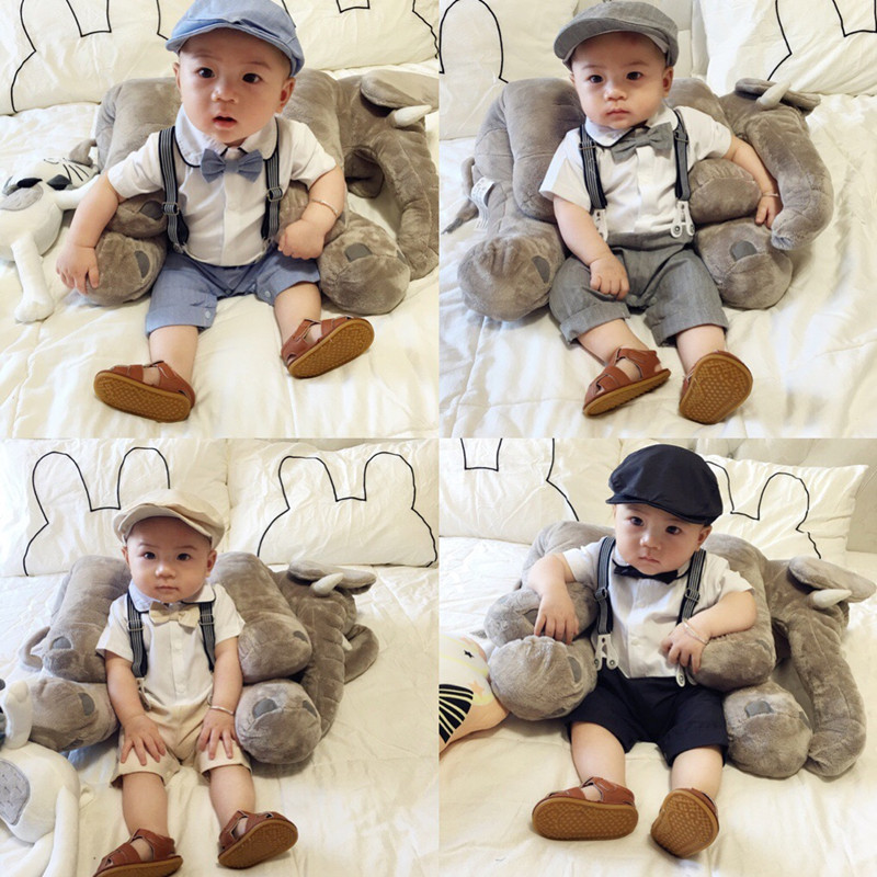夏季嬰童連體紳士哈衣男寶寶周歲滿月禮服帶帽背帶百天服