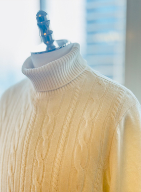 FABRIC MUSEUM 大男主风高领羊绒衫米白色经典RL绞花交错冬日暖男