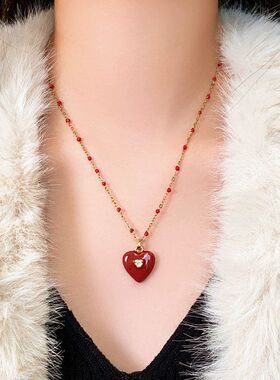 红色微镶爱心吊坠滴油珠毛衣项链女高级感轻奢小众秋冬配饰新款