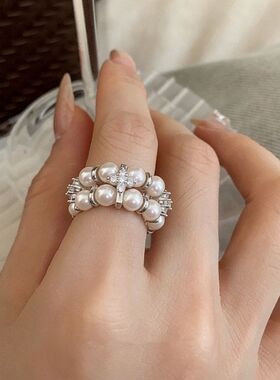 小香风施家曼塔玫瑰珠四叶花弹力戒指双排珍珠戒指网红夸张食指戒