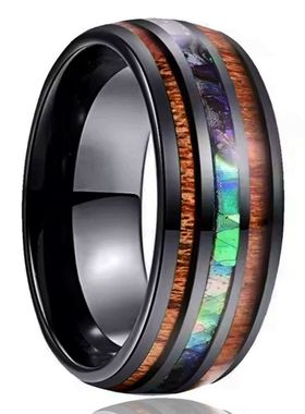 8宽电黑色钨钢戒指镶嵌天然海贝和夏威夷木高纯手工男士高档戒指
