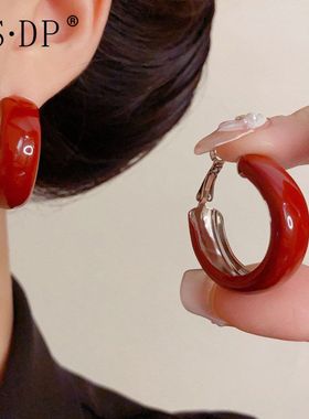 亚马逊跨境夸张红色宽边耳圈小众气质时尚简约设计感复古耳环批发