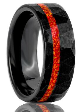 8宽钨钢平面捶纹电黑戒指镶红色欧泊石钨金戒指一件代发现货跨境