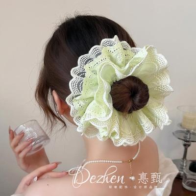 梦幻清新绿色四层蕾丝大肠发圈女韩系高级感头花发绳百搭丸子头绳