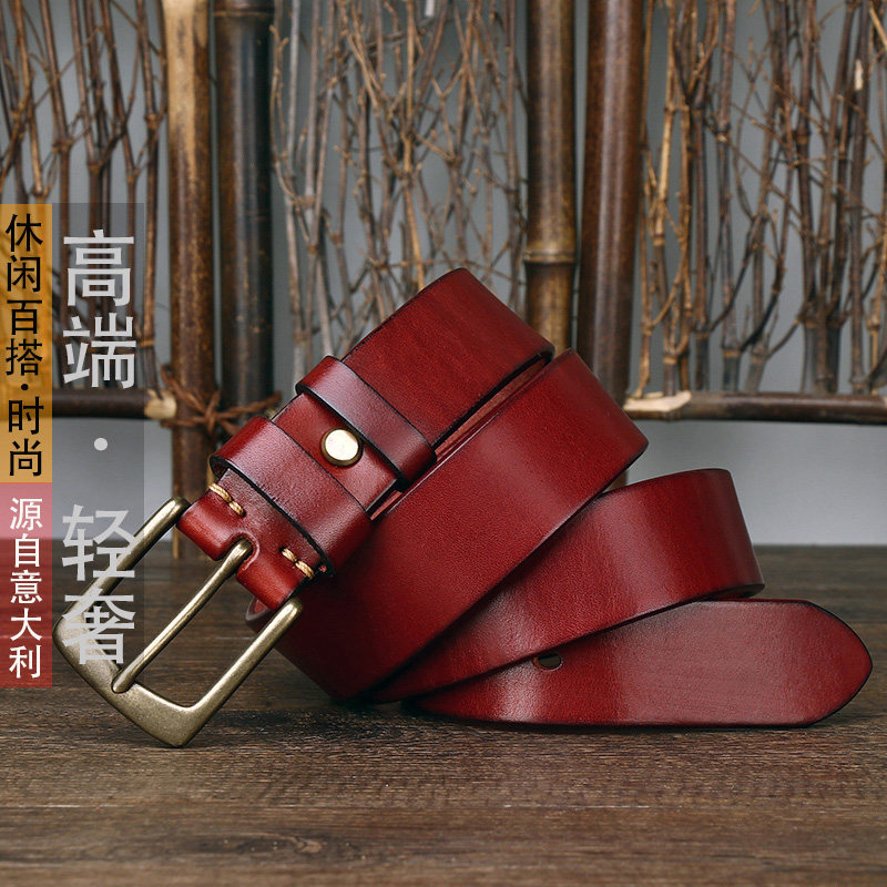 刺影男光面头层牛皮铜休闲裤腰带