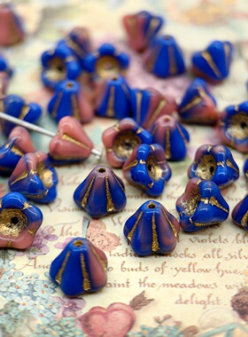 满49包邮2颗进口捷克琉璃6x8mm晕染粉蓝描金莲雾大喇叭花手工串珠