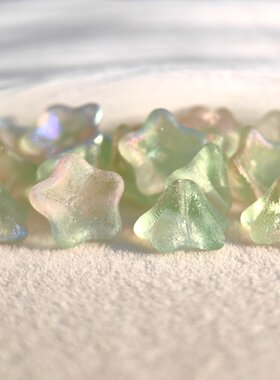 捷克进口琉璃珠14x8mm蚀刻磨砂幻彩淡绿粉喇叭花手串饰品配饰材料