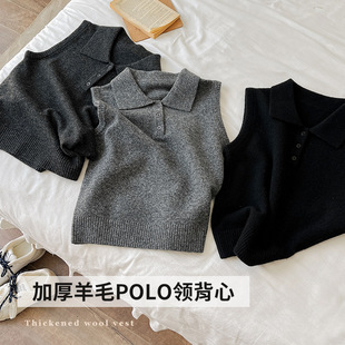 秋冬保暖无袖 英伦风羊毛混纺背心女polo翻领毛织内搭打底衫 上衣