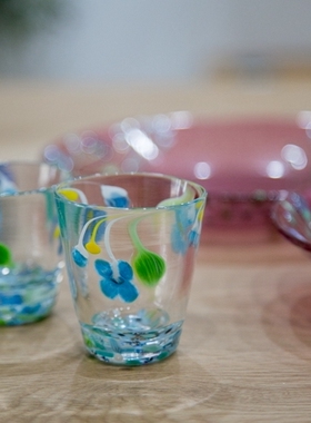 日本玻璃作家手作 浮雕植物花卉玻璃茶杯 酒杯 餐盘 松下高文