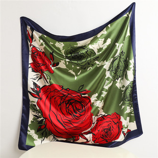 红色玫瑰丝巾女优雅大方巾欧美风仿真丝围巾妈妈丝巾薄款防晒披肩