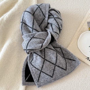 甬制2026新款男士羊毛围巾男针织潮保暖格子长款围脖高档冬季灰色