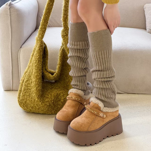 韩式勃肯鞋女冬季加绒保暖厚底增高9cm松糕鞋一脚蹬懒人拖鞋外穿