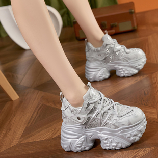 女2026春季 9cm女鞋 新款 子亮片休闲鞋 潮 小个子内增高鞋 厚底老爹鞋