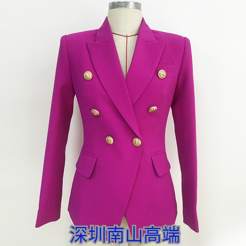 深圳南山2019欧美女西服经典双排扣狮子金属扣修身西装小外套紫色