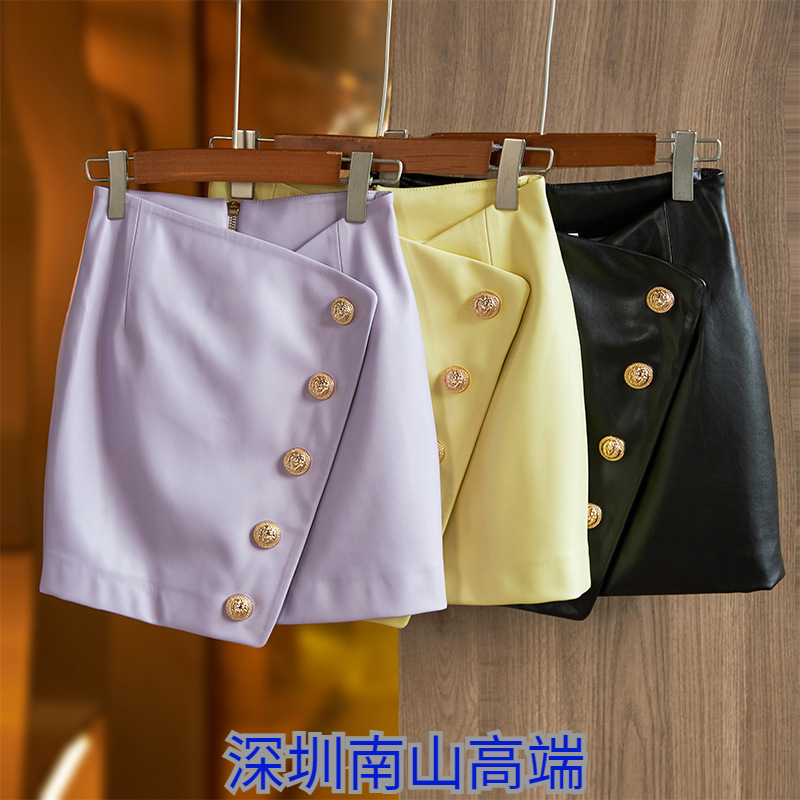 PU皮设计感不规则高腰A型半身裙名媛气质淑女短裙皮质裙子女装