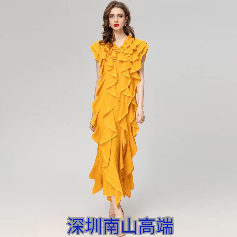 深圳南山2024春夏季新款女装 v领无袖拼荷叶边宴会礼服气质连衣裙