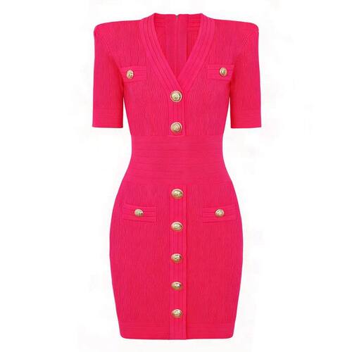 欧美风V领修身显瘦针织短袖连衣