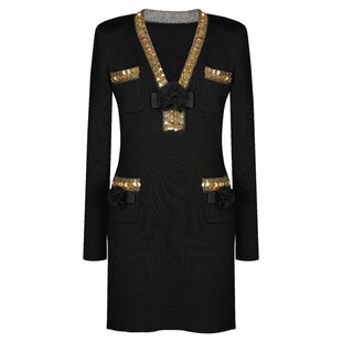 高品质女装2025春秋新款时尚针织V领修身显瘦重工钉珠长袖连衣裙