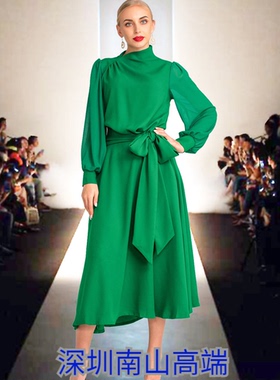 深圳2024春夏季新款女装立领灯笼长袖绿色系带不规则气质连衣裙