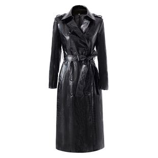 大衣双排扣系带收腰风衣外套 潮流PU皮加长款 欧美气质2026新款 个性